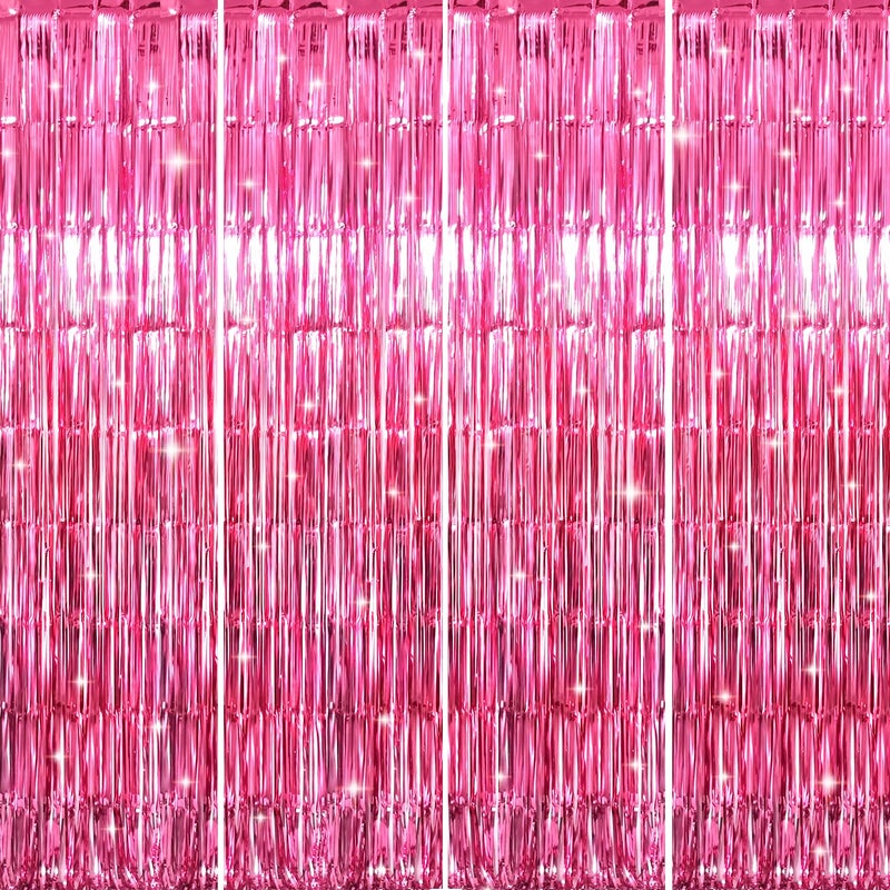 GOER 3.2 ft x 8.2 ft Metallic Tinsel Foil Fringe Curtains Party Photo Backdrop Party Streamers for Galentines Day,Birthday,Graduation,New Year Eve Decorations Wedding Decor (4 Packs,Hot Pink) - Image 1